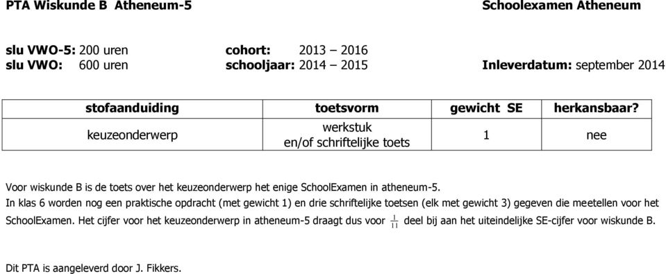 keuzeonderwerp werkstuk en/of schriftelijke toets nee Voor wiskunde B is de toets over het keuzeonderwerp het enige SchoolExamen in atheneum-5.