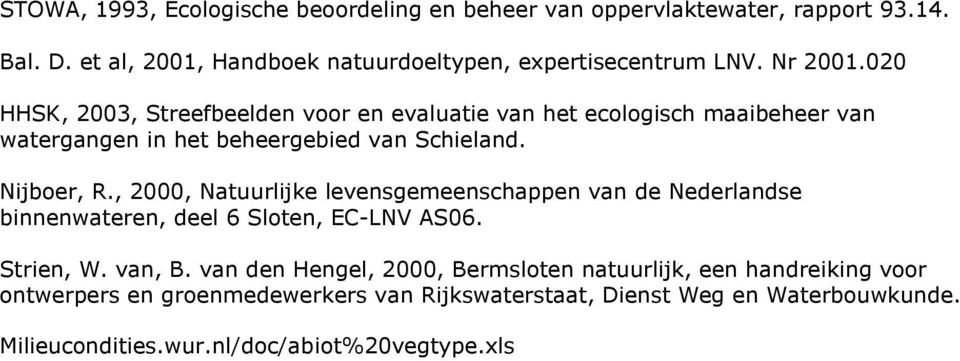 , 2000, Natuurlijke levensgemeenschappen van de Nederlandse binnenwateren, deel 6 Sloten, EC-LNV AS06. Strien, W. van, B.