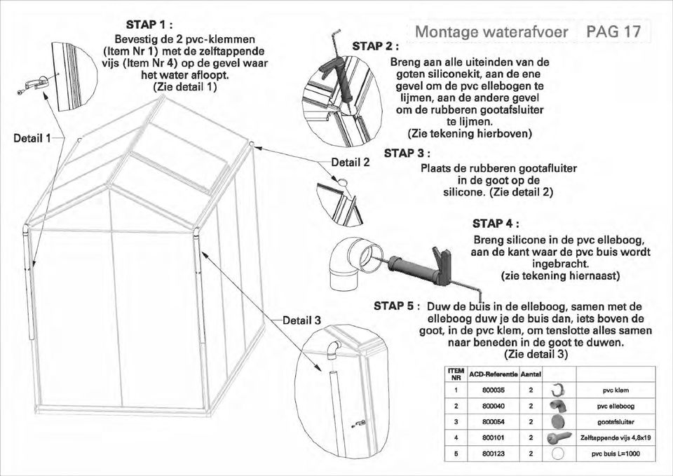 gootafsluiter te lijmen. (Zie tekening hierboven) STAP 3 Plaats de rubberen gootafluiter in de goot op de silicone.