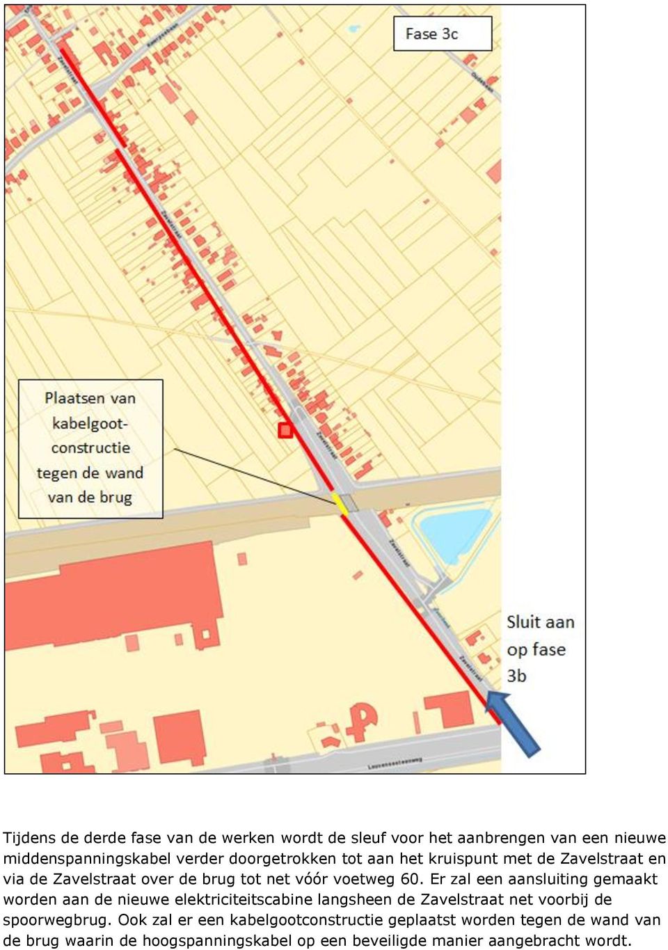 Er zal een aansluiting gemaakt worden aan de nieuwe elektriciteitscabine langsheen de Zavelstraat net voorbij de spoorwegbrug.