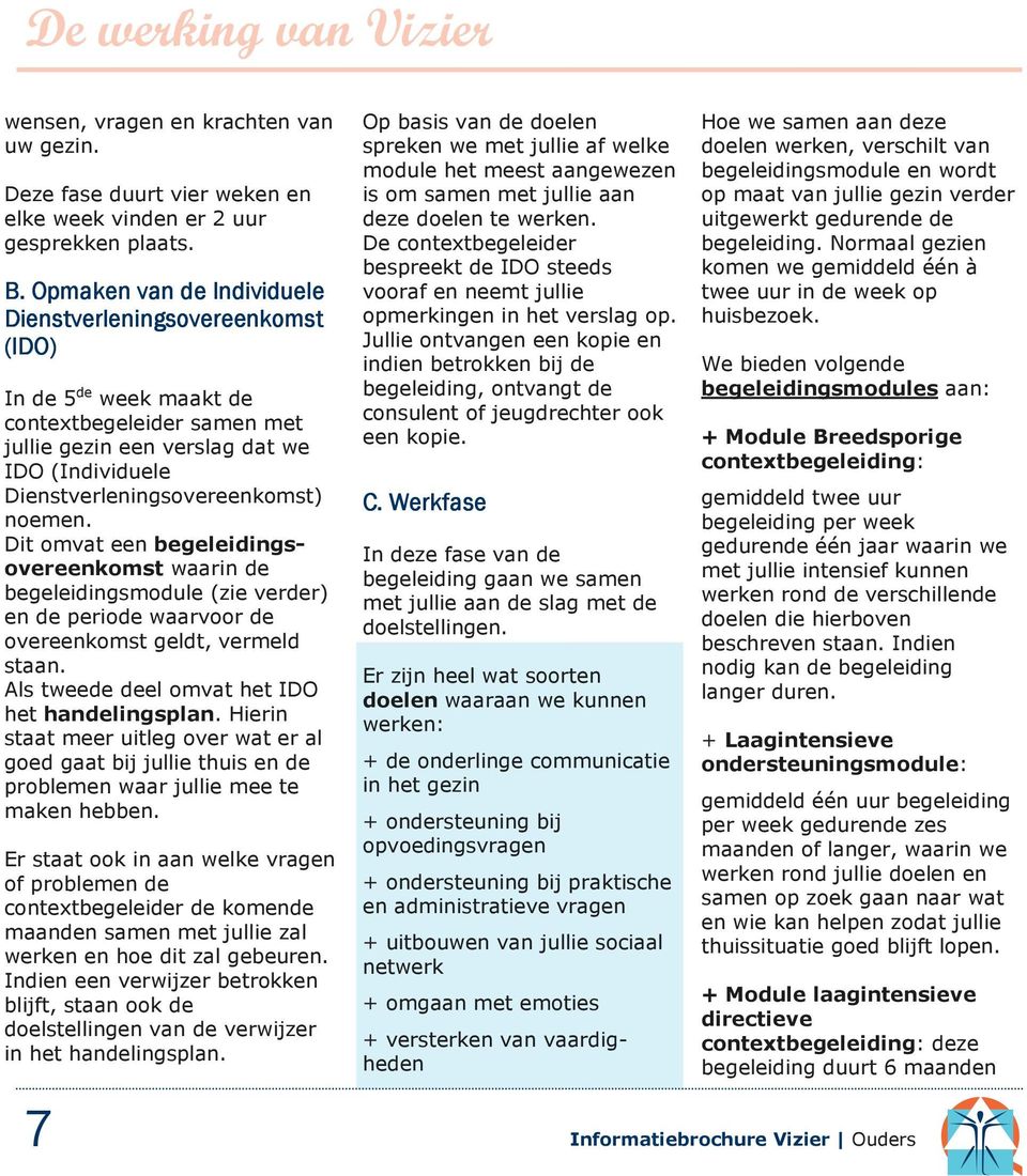 noemen. Dit omvat een begeleidingsovereenkomst waarin de begeleidingsmodule (zie verder) en de periode waarvoor de overeenkomst geldt, vermeld staan. Als tweede deel omvat het IDO het handelingsplan.