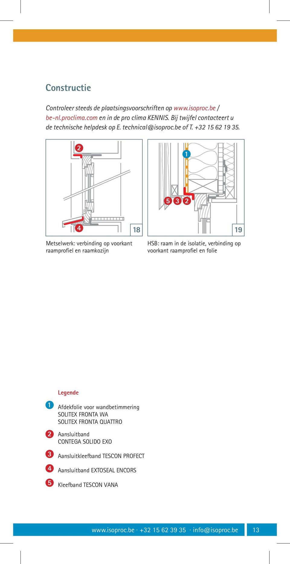 5 Metselwerk: verbinding op voorkant raamprofiel en raamkozijn 8 9 HSB: raam in de isolatie, verbinding op voorkant raamprofiel en folie Legende