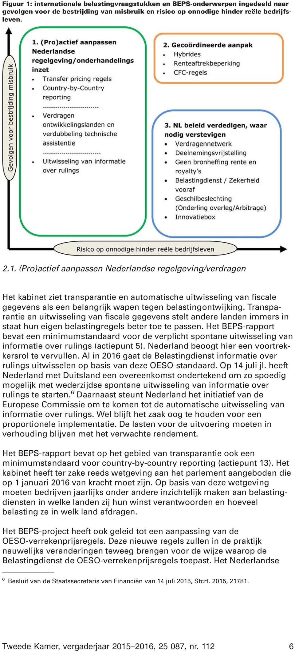 Het BEPS-rapport bevat een minimumstandaard voor de verplicht spontane uitwisseling van informatie over rulings (actiepunt 5). Nederland beoogt hier een voortrekkersrol te vervullen.