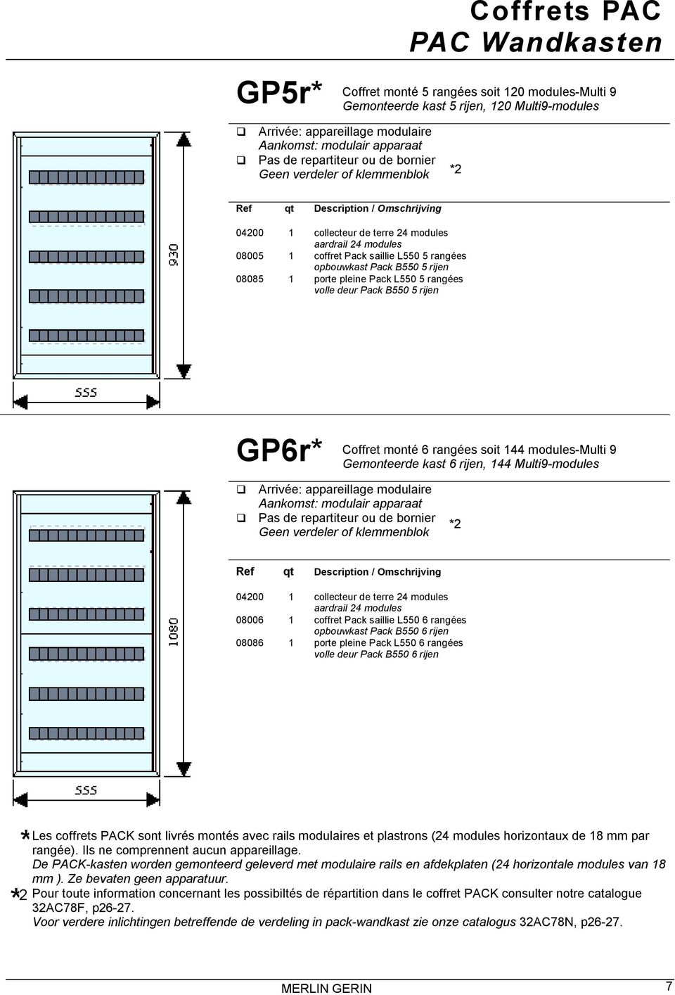 rijen GP6r* Coffret monté 6 rangées soit 144 modules-multi 9 Gemonteerde kast 6 rijen, 144 Multi9-modules " Arrivée: appareillage modulaire Aankomst: modulair apparaat " Pas de repartiteur ou de