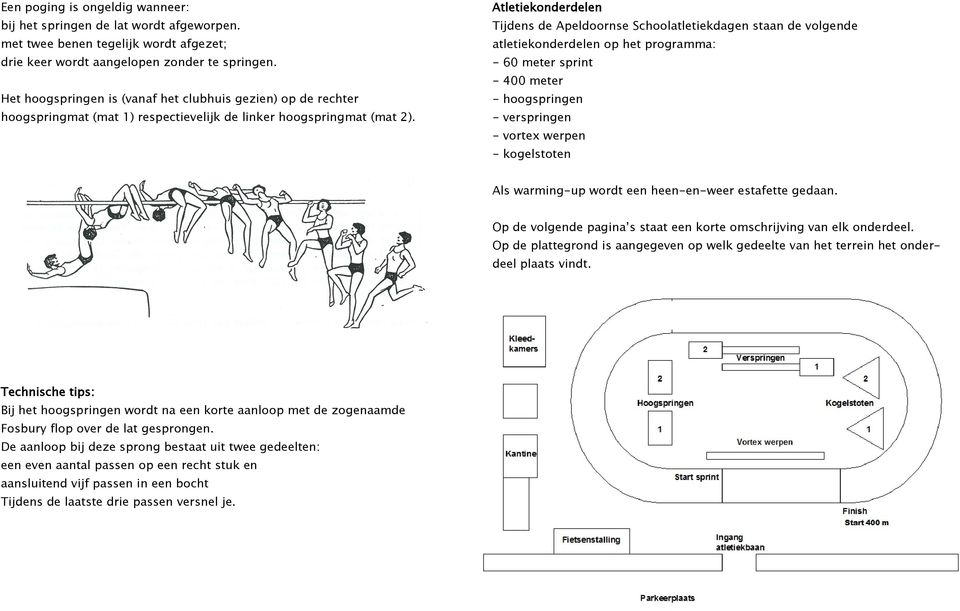 Atletiekonderdelen Tijdens de Apeldoornse Schoolatletiekdagen staan de volgende atletiekonderdelen op het programma: - 60 meter sprint - 400 meter - hoogspringen - verspringen - vortex werpen -