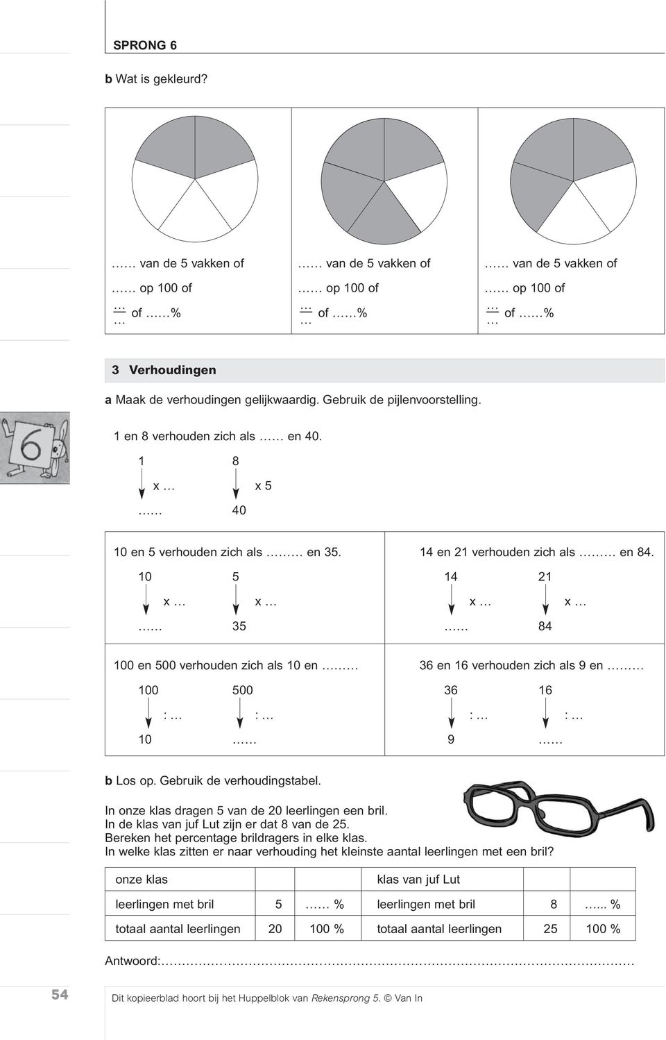 14 21 x x x x 35 84 en 500 verhouden zich als 10 en 500 36 en 16 verhouden zich als 9 en 36 16 : : : : 10 9 b Los op. Gebruik de verhoudingstabel. In onze klas dragen 5 van de 20 leerlingen een bril.