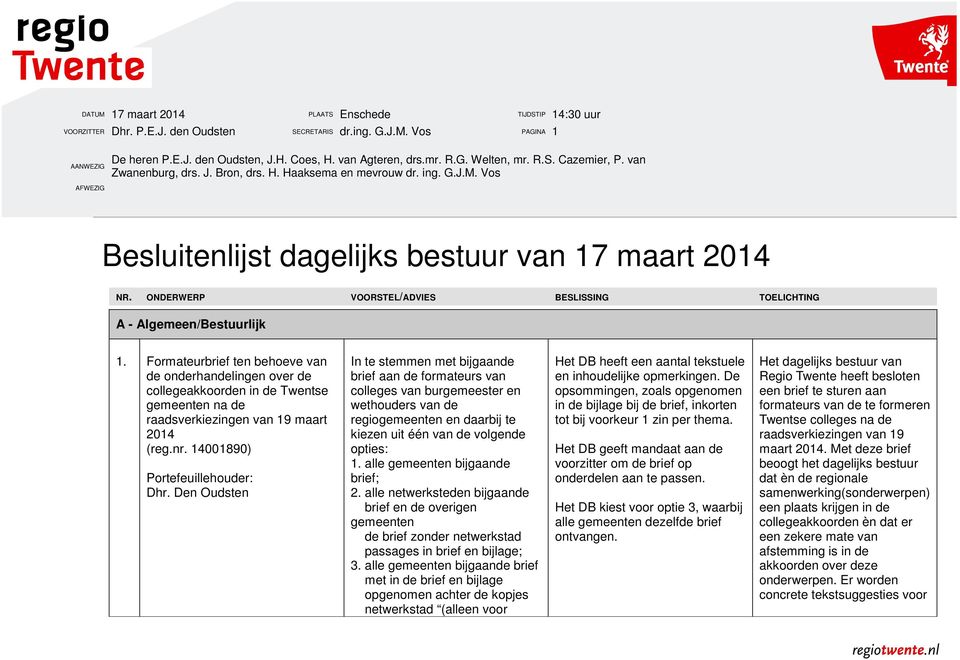 Vos Besluitenlijst dagelijks bestuur van 17 maart 2014 A - Algemeen/Bestuurlijk 1.