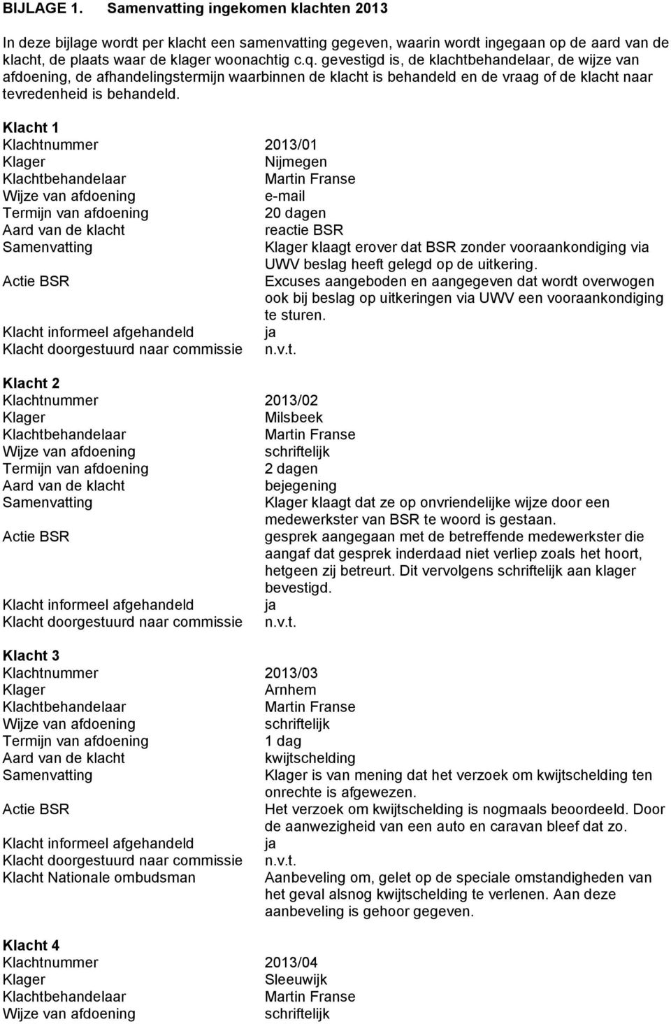 Klacht 1 Klachtnummer 2013/01 20 dagen klaagt erover dat BSR zonder vooraankondiging via UWV beslag heeft gelegd op de uitkering.