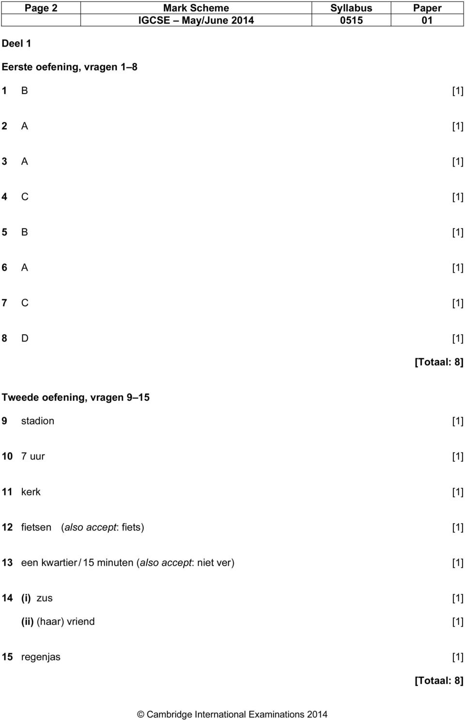 15 9 stadion [1] 10 7 uur [1] 11 kerk [1] 12 fietsen (also accept: fiets) [1] 13 een kwartier / 15