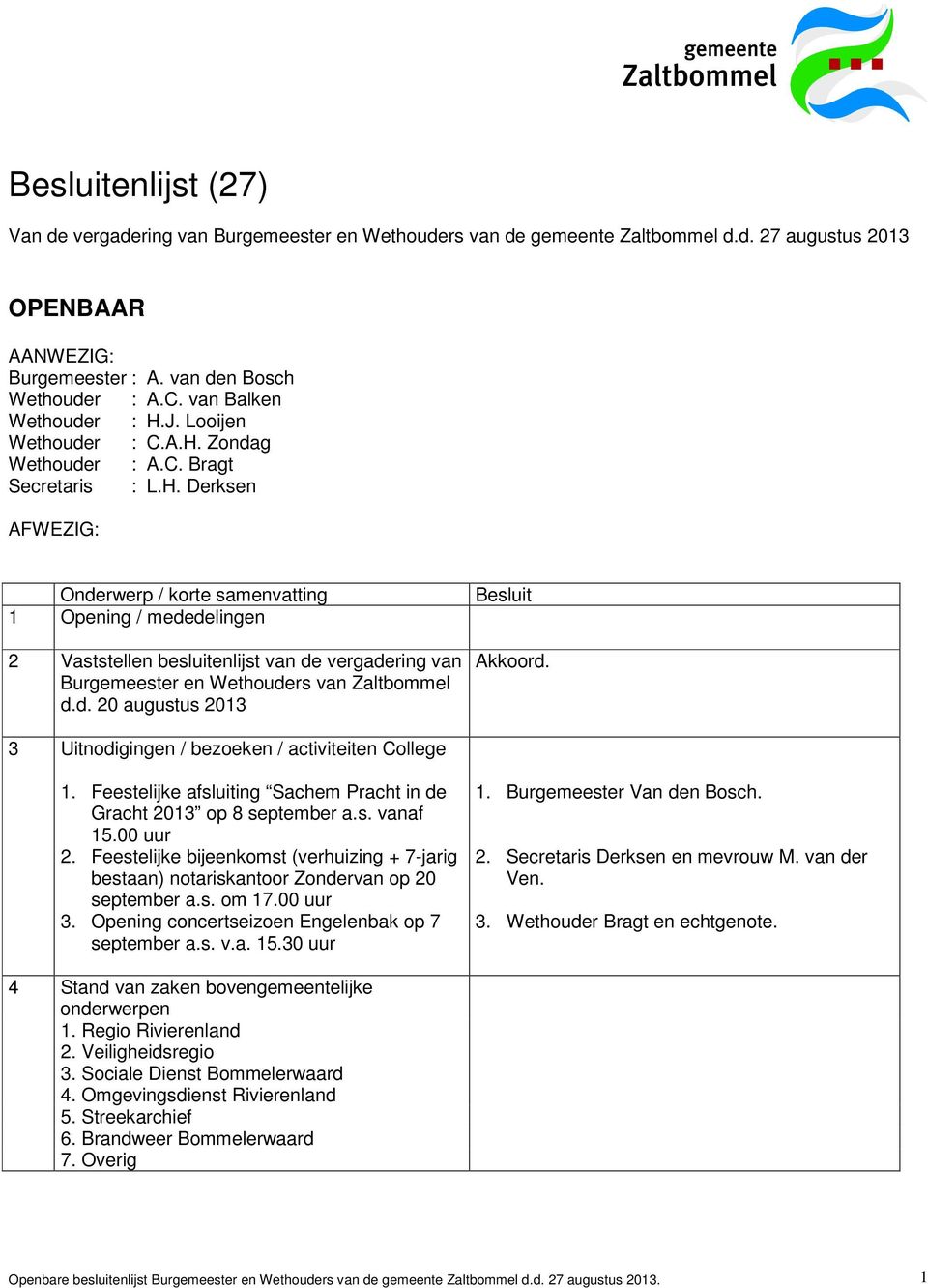 d. 20 augustus 2013 Besluit Akkoord. 3 Uitnodigingen / bezoeken / activiteiten College 1. Feestelijke afsluiting Sachem Pracht in de Gracht 2013 op 8 september a.s. vanaf 15.00 uur 2.