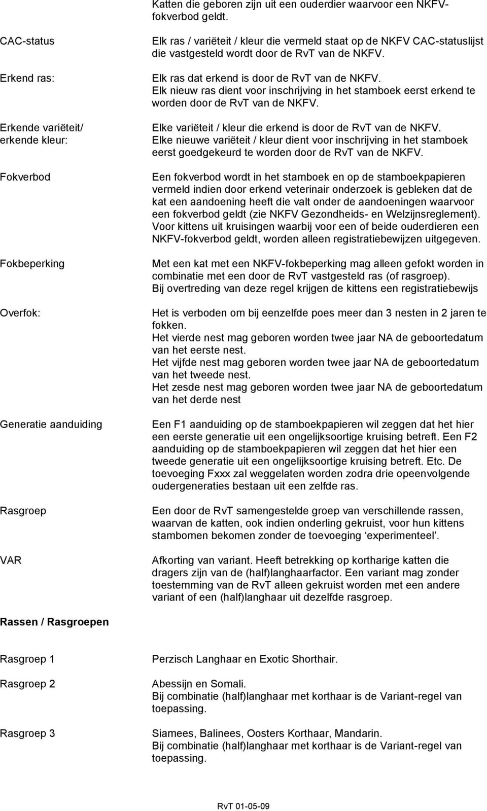 vastgesteld wordt door de RvT van de NKFV. Elk ras dat erkend is door de RvT van de NKFV. Elk nieuw ras dient voor inschrijving in het stamboek eerst erkend te worden door de RvT van de NKFV.