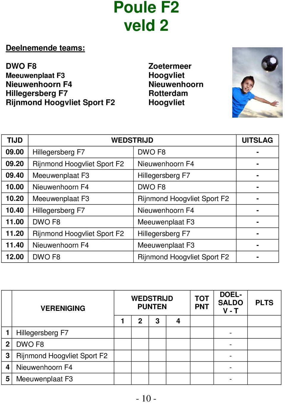 20 Meeuwenplaat F3 Rijnmond Sport F2-10.40 Hillegersberg F7 Nieuwenhoorn F4-11.00 DWO F8 Meeuwenplaat F3-11.20 Rijnmond Sport F2 Hillegersberg F7-11.