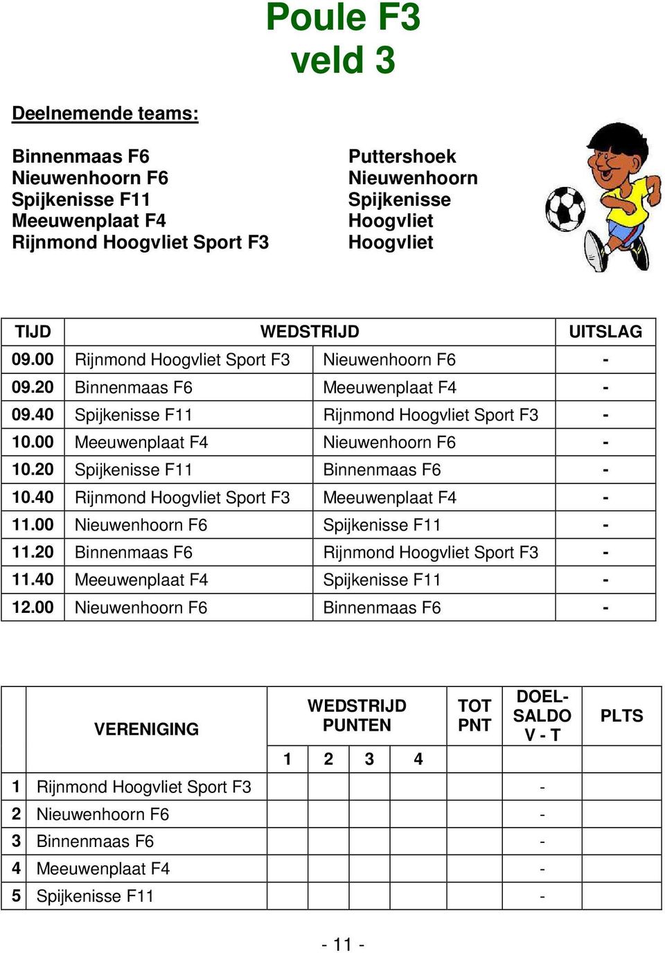 00 Meeuwenplaat F4 Nieuwenhoorn F6-10.20 Spijkenisse F11 Binnenmaas F6-10.40 Rijnmond Sport F3 Meeuwenplaat F4-11.00 Nieuwenhoorn F6 Spijkenisse F11-11.