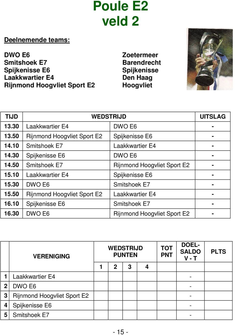 50 Smitshoek E7 Rijnmond Sport E2-15.10 Laakkwartier E4 Spijkenisse E6-15.30 DWO E6 Smitshoek E7-15.50 Rijnmond Sport E2 Laakkwartier E4-16.