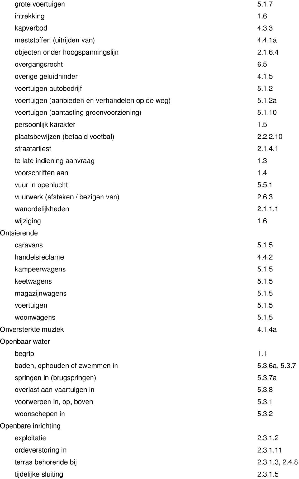 4 vuur in openluct 5.5.1 vuurwerk (afsteken / bezigen van) 2.6.3 wanordelijkeden 2.1.1.1 wijziging 1.6 Ontsierende caravans 5.1.5 andelsreclame 4.4.2 kampeerwagens 5.1.5 keetwagens 5.1.5 magazijnwagens 5.