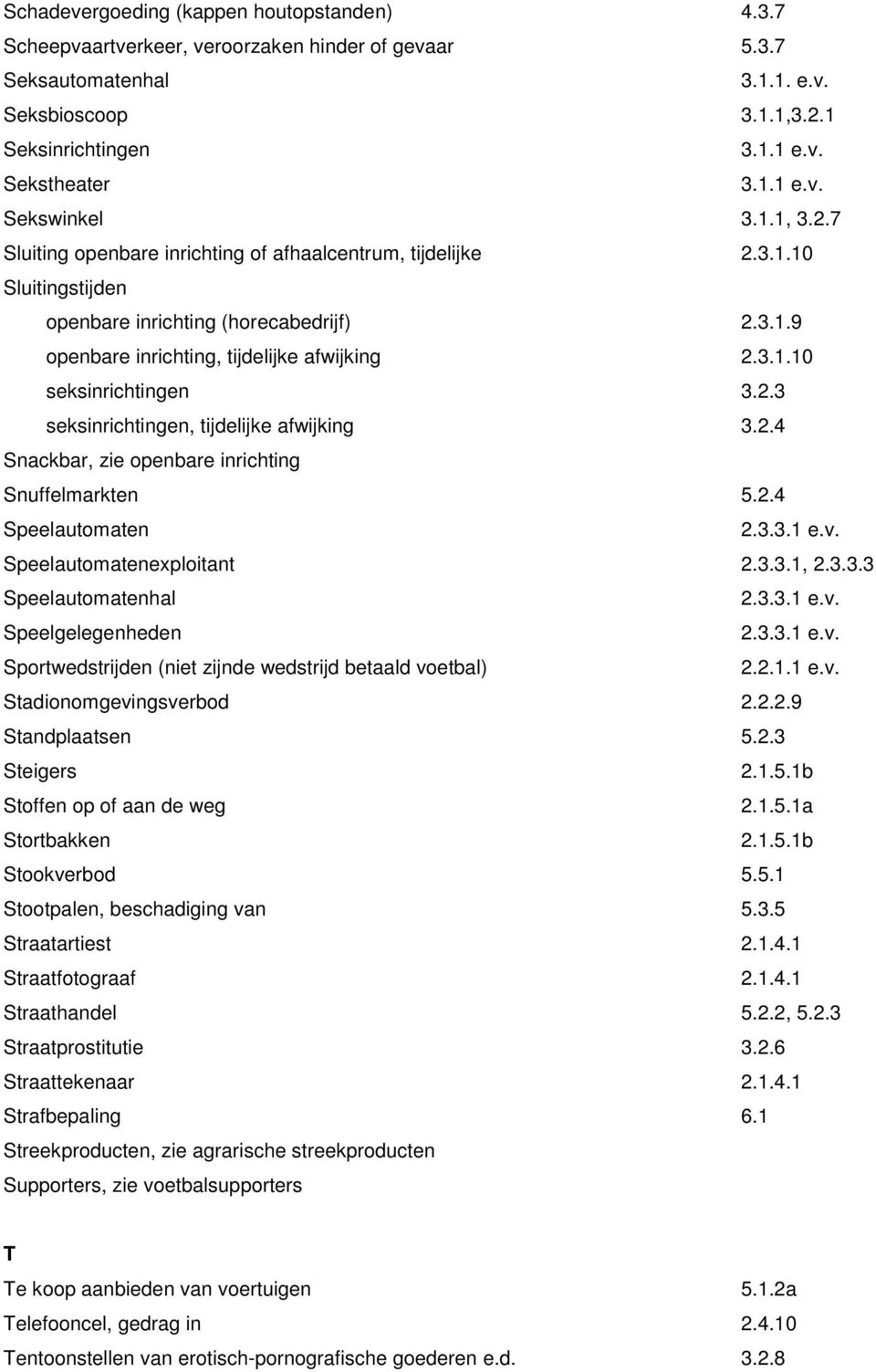 2.3 seksinrictingen, tijdelijke afwijking 3.2.4 Snackbar, zie openbare inricting Snuffelmarkten 5.2.4 Speelautomaten 2.3.3.1 e.v. Speelautomatenexploitant 2.3.3.1, 2.3.3.3 Speelautomatenal 2.3.3.1 e.v. Speelgelegeneden 2.