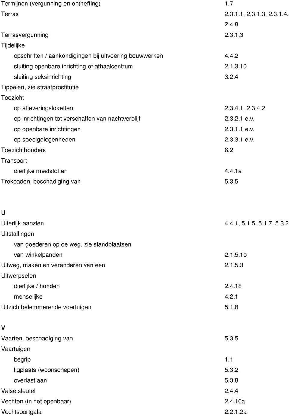 3.1.1 e.v. op speelgelegeneden 2.3.3.1 e.v. Toezictouders 6.2 Transport dierlijke meststoffen 4.4.1a Trekpaden, bescadiging van 5.3.5 U Uiterlijk aanzien 4.4.1, 5.1.5, 5.1.7, 5.3.2 Uitstallingen van goederen op de weg, zie standplaatsen van winkelpanden 2.