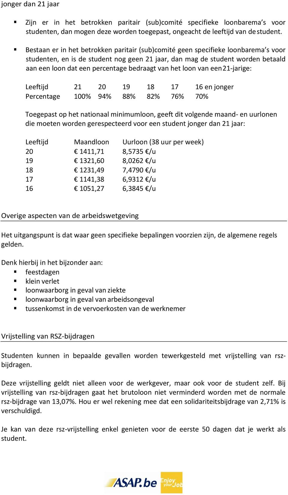 bedraagt van het loon van een 21-jarige: Leeftijd 21 20 19 18 17 16 en jonger Percentage 100% 94% 88% 82% 76% 70% Toegepast op het nationaal minimumloon, geeft dit volgende maand- en uurlonen die