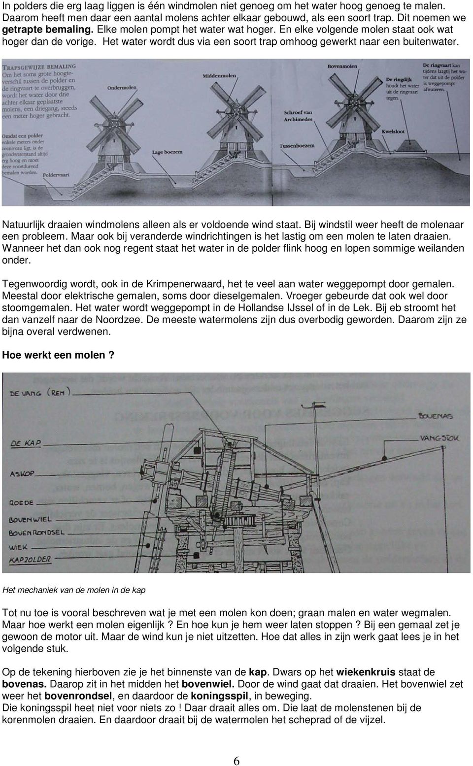 Het water wordt dus via een soort trap omhoog gewerkt naar een buitenwater. Natuurlijk draaien windmolens alleen als er voldoende wind staat. Bij windstil weer heeft de molenaar een probleem.