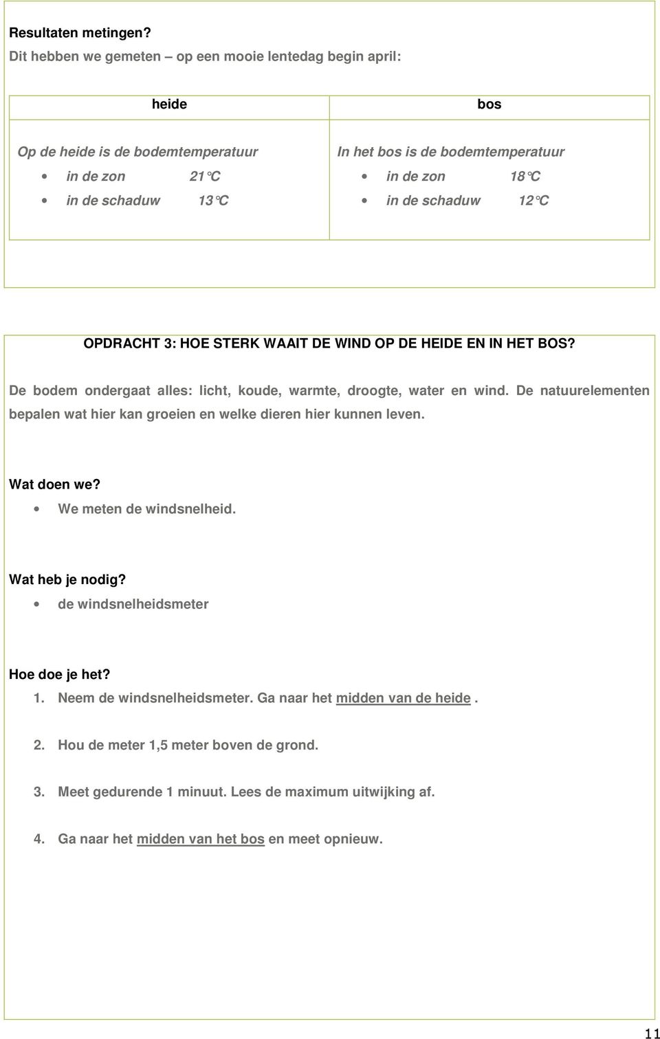 de schaduw 2 C OPDRACHT 3: HOE STERK WAAIT DE WIND OP DE HEIDE EN IN HET BOS? De bodem ondergaat alles: licht, koude, warmte, droogte, water en wind.