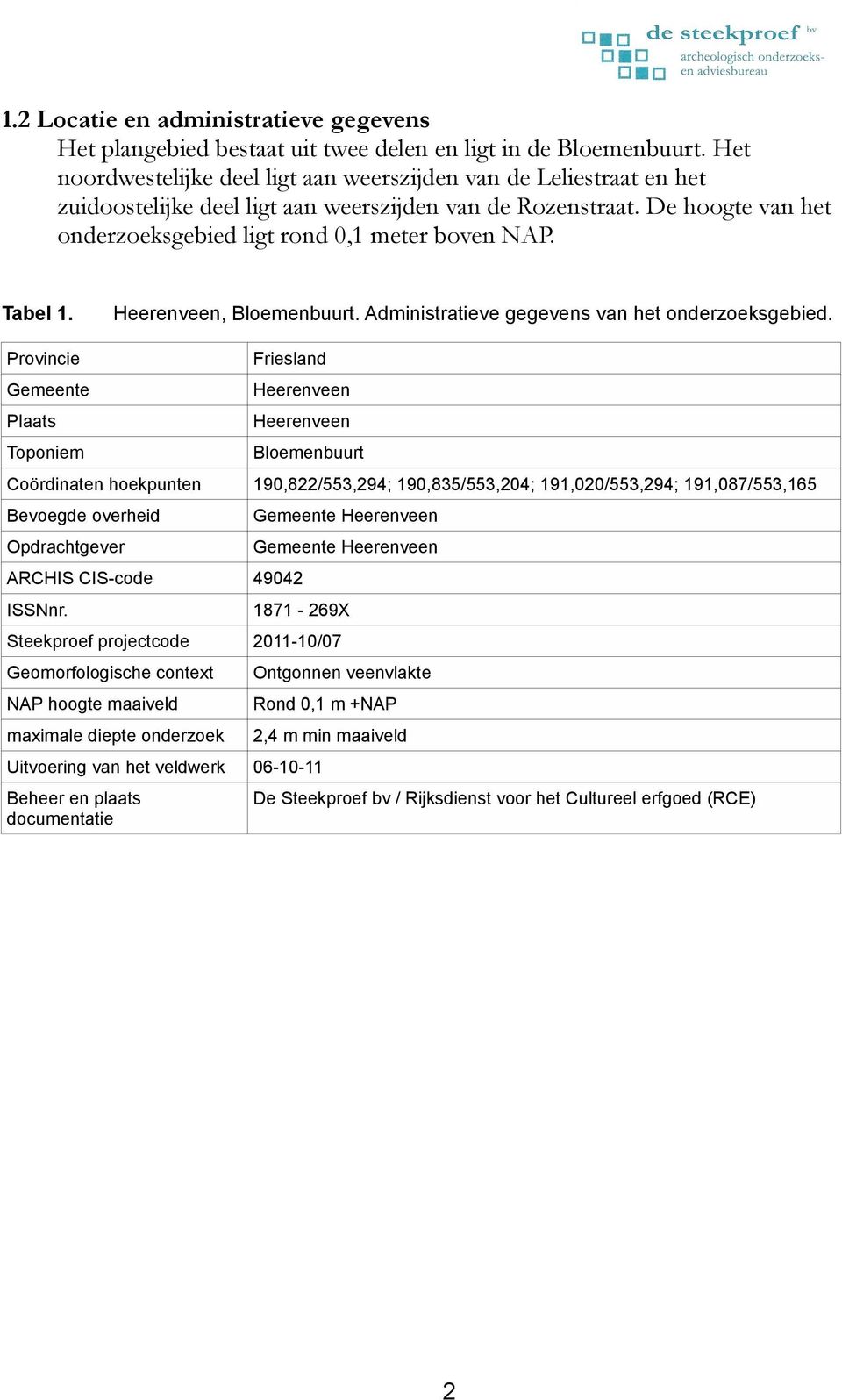 Tabel 1. Heerenveen, Bloemenbuurt. Administratieve gegevens van het onderzoeksgebied.