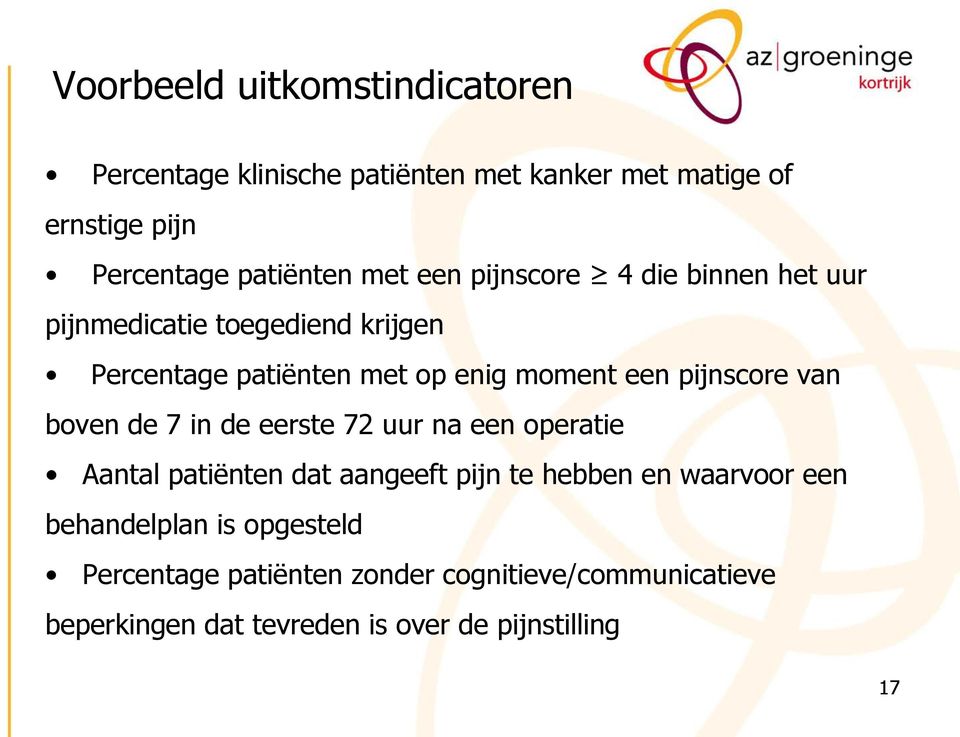 pijnscore van boven de 7 in de eerste 72 uur na een operatie Aantal patiënten dat aangeeft pijn te hebben en waarvoor een