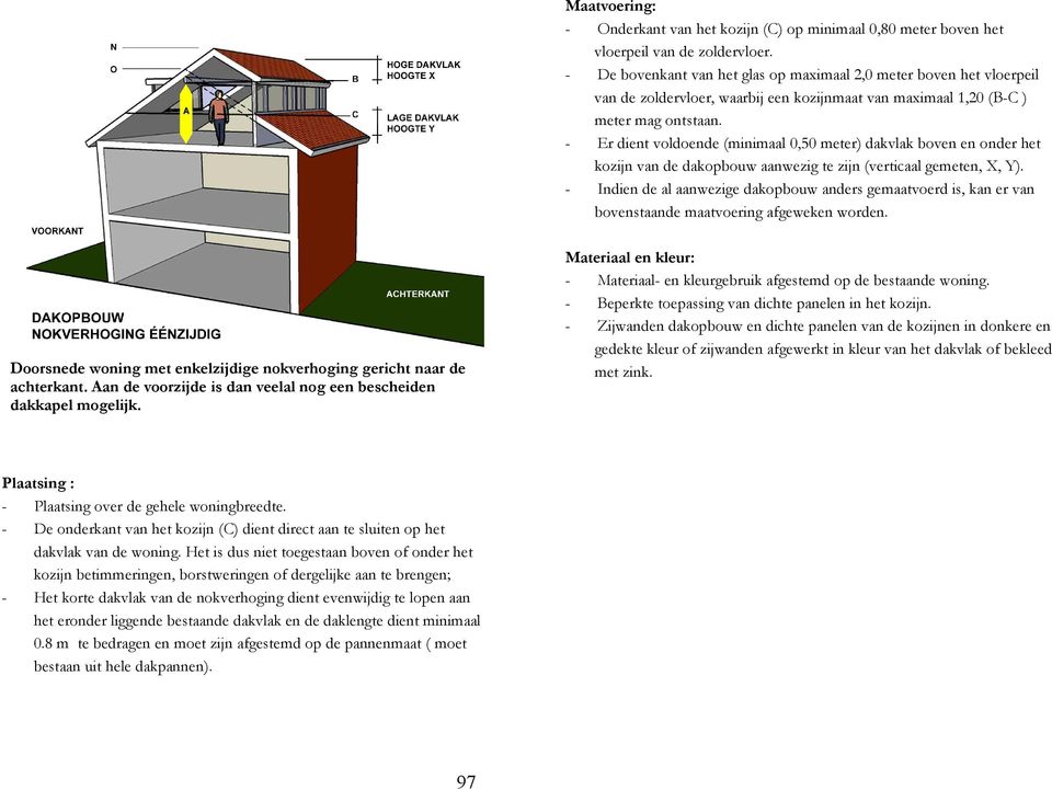 - Er dient voldoende (minimaal 0,50 meter) dakvlak boven en onder het kozijn van de dakopbouw aanwezig te zijn (verticaal gemeten, X, Y).