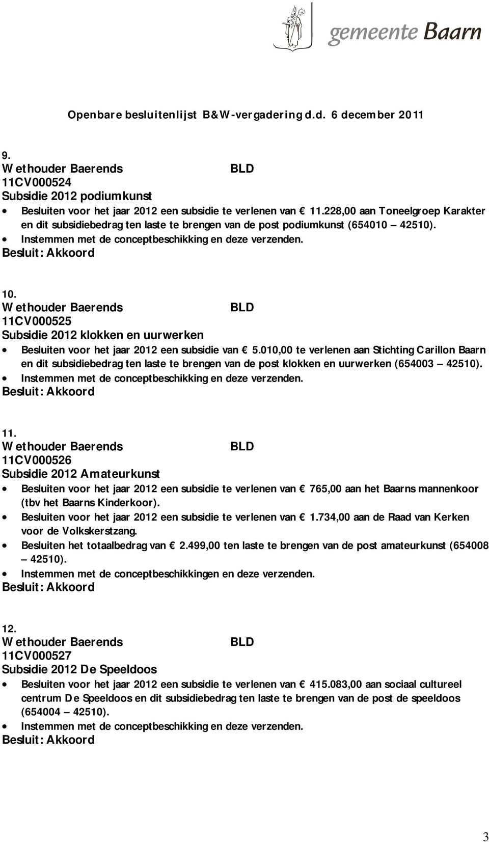 11CV000525 Subsidie 2012 klokken en uurwerken Besluiten voor het jaar 2012 een subsidie van 5.