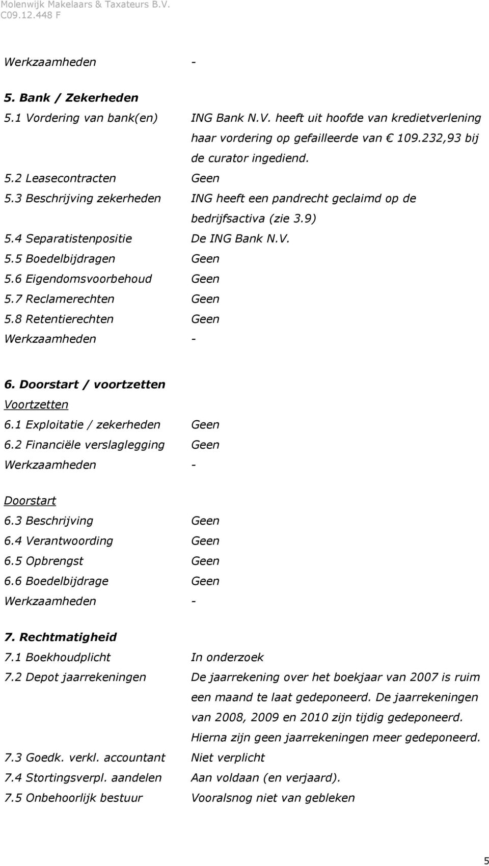 7 Reclamerechten Geen 5.8 Retentierechten Geen 6. Doorstart / voortzetten Voortzetten 6.1 Exploitatie / zekerheden Geen 6.2 Financiële verslaglegging Geen Doorstart 6.3 Beschrijving Geen 6.