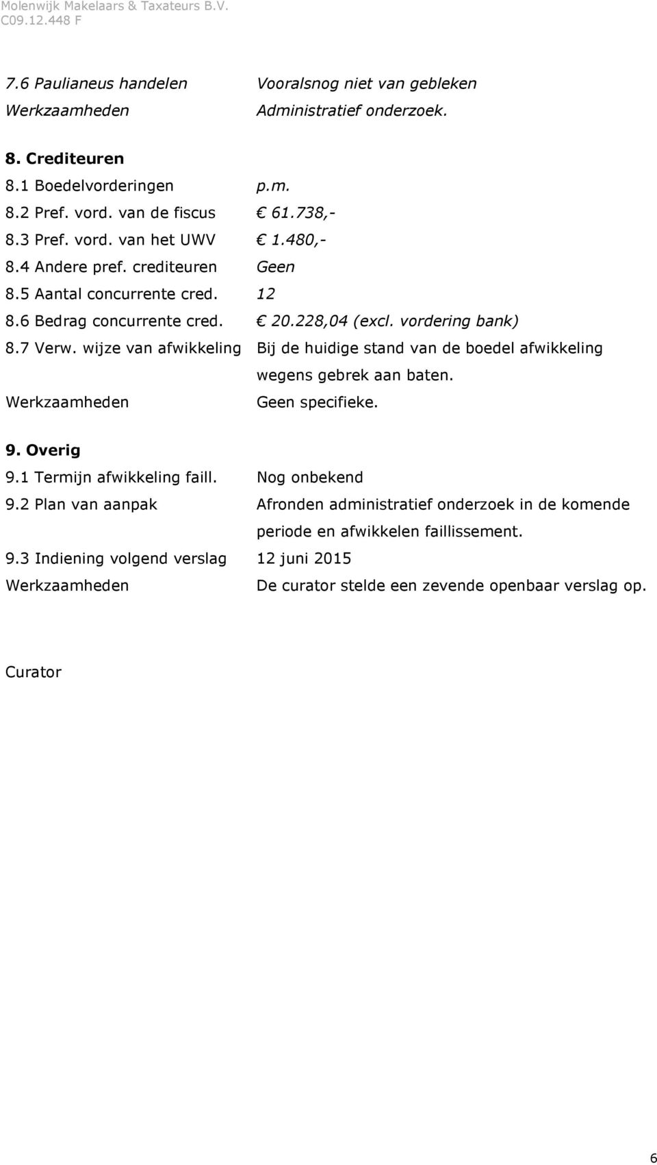 wijze van afwikkeling Bij de huidige stand van de boedel afwikkeling wegens gebrek aan baten. Geen specifieke. 9. Overig 9.1 Termijn afwikkeling faill. Nog onbekend 9.