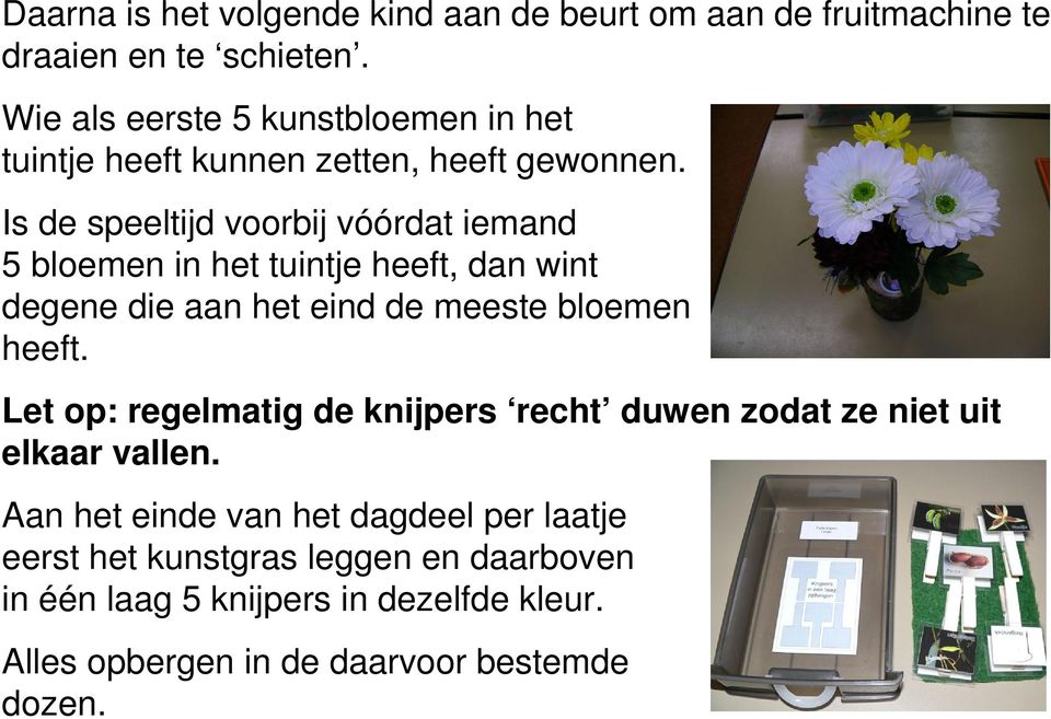 Is de speeltijd voorbij vóórdat iemand 5 bloemen in het tuintje heeft, dan wint degene die aan het eind de meeste bloemen heeft.