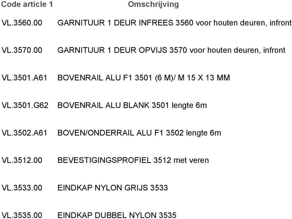 A61 BOVENRAIL ALU F1 3501 (6 M)/ M 15 X 13 MM VL.3501.G62 BOVENRAIL ALU BLANK 3501 lengte 6m VL.3502.