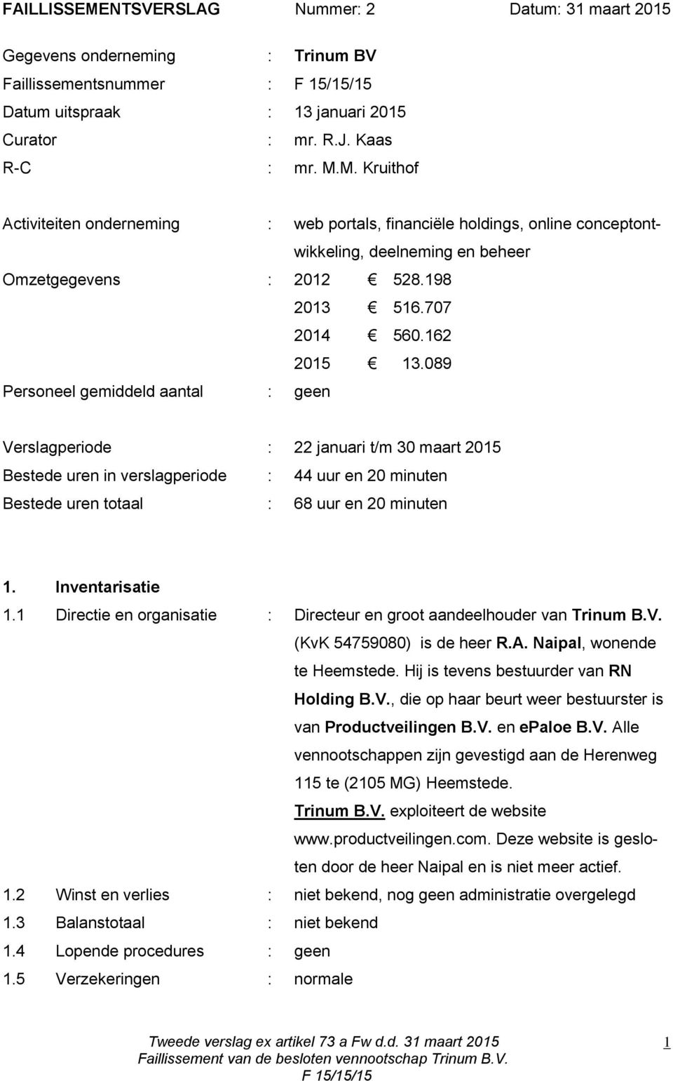 089 Personeel gemiddeld aantal : geen Verslagperiode : 22 januari t/m 30 maart 2015 Bestede uren in verslagperiode : 44 uur en 20 minuten Bestede uren totaal : 68 uur en 20 minuten 1.