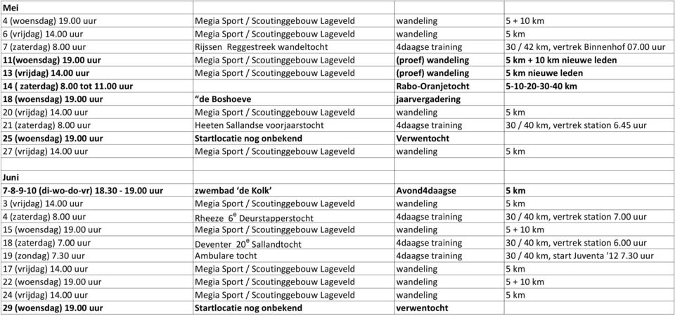 00 uur Megia Sport / Scoutinggebouw Lageveld (proef) wandeling 5 km + 10 km nieuwe leden 13 (vrijdag) 14.