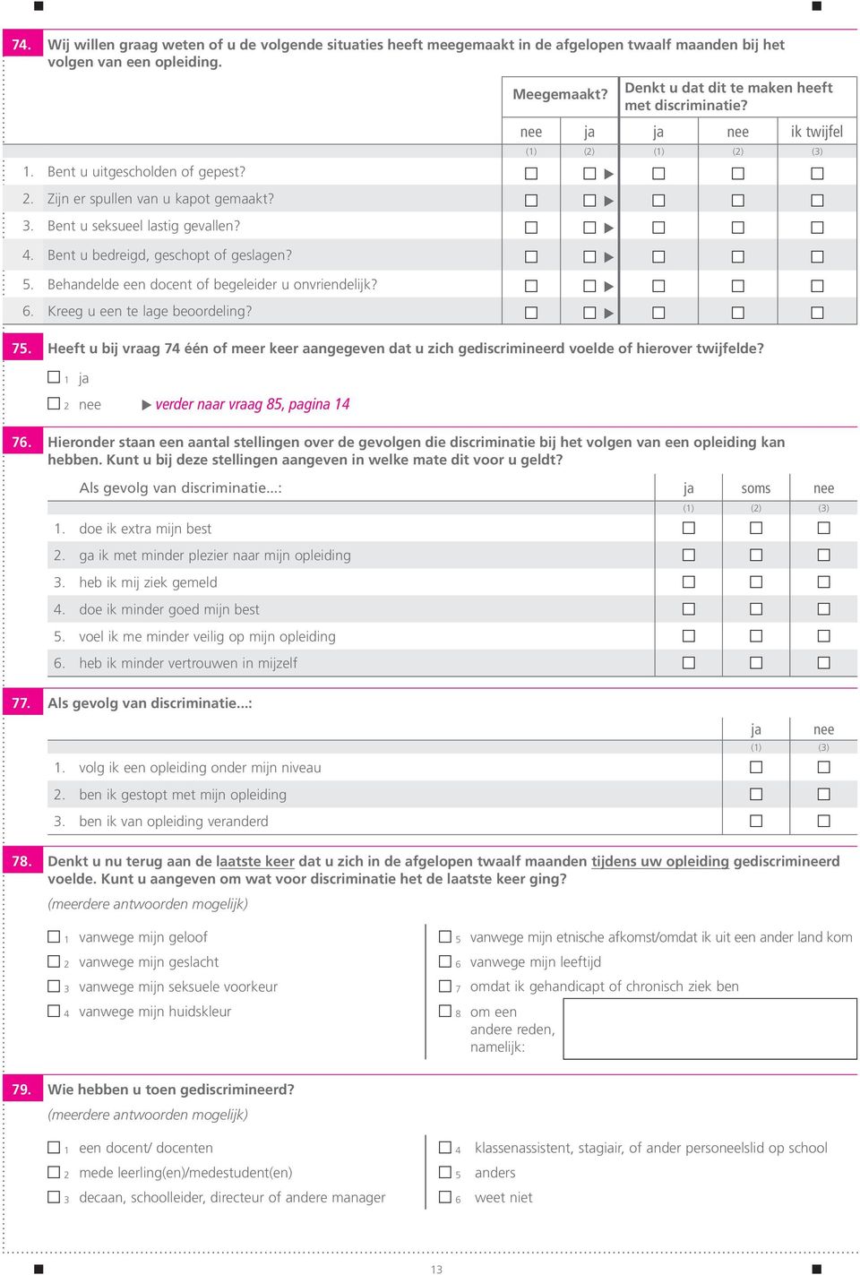 Bent u bedreigd, geschopt of geslagen? 5. Behandelde een docent of begeleider u onvriendelijk? 6. Kreeg u een te lage beoordeling? 75.