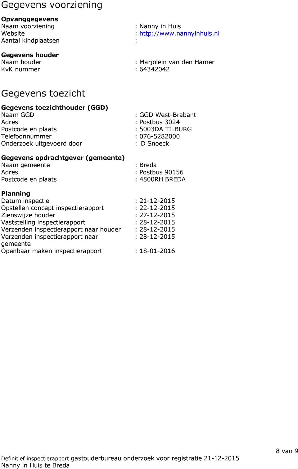 Postcode en plaats : 5003DA TILBURG Telefoonnummer : 076-5282000 Onderzoek uitgevoerd door : D Snoeck Gegevens opdrachtgever (gemeente) Naam gemeente : Breda Adres : Postbus 90156 Postcode en plaats