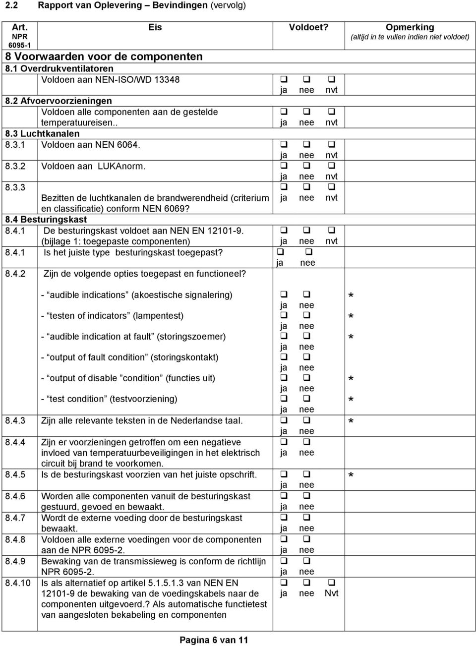 8.4 Besturingskast 8.4.1 De besturingskast voldoet aan NEN EN 12101-9. (bijlage 1: toegepaste componenten) 8.4.1 Is het juiste type besturingskast toegepast? 8.4.2 Zijn de volgende opties toegepast en functiol?