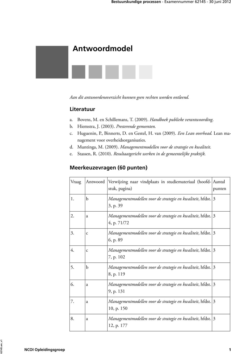 d. Muntinga, M. (2009). Managementmodellen voor de strategie en kwaliteit. e. Stassen, R. (2010). Resultaatgericht werken in de gemeentelijke praktijk.