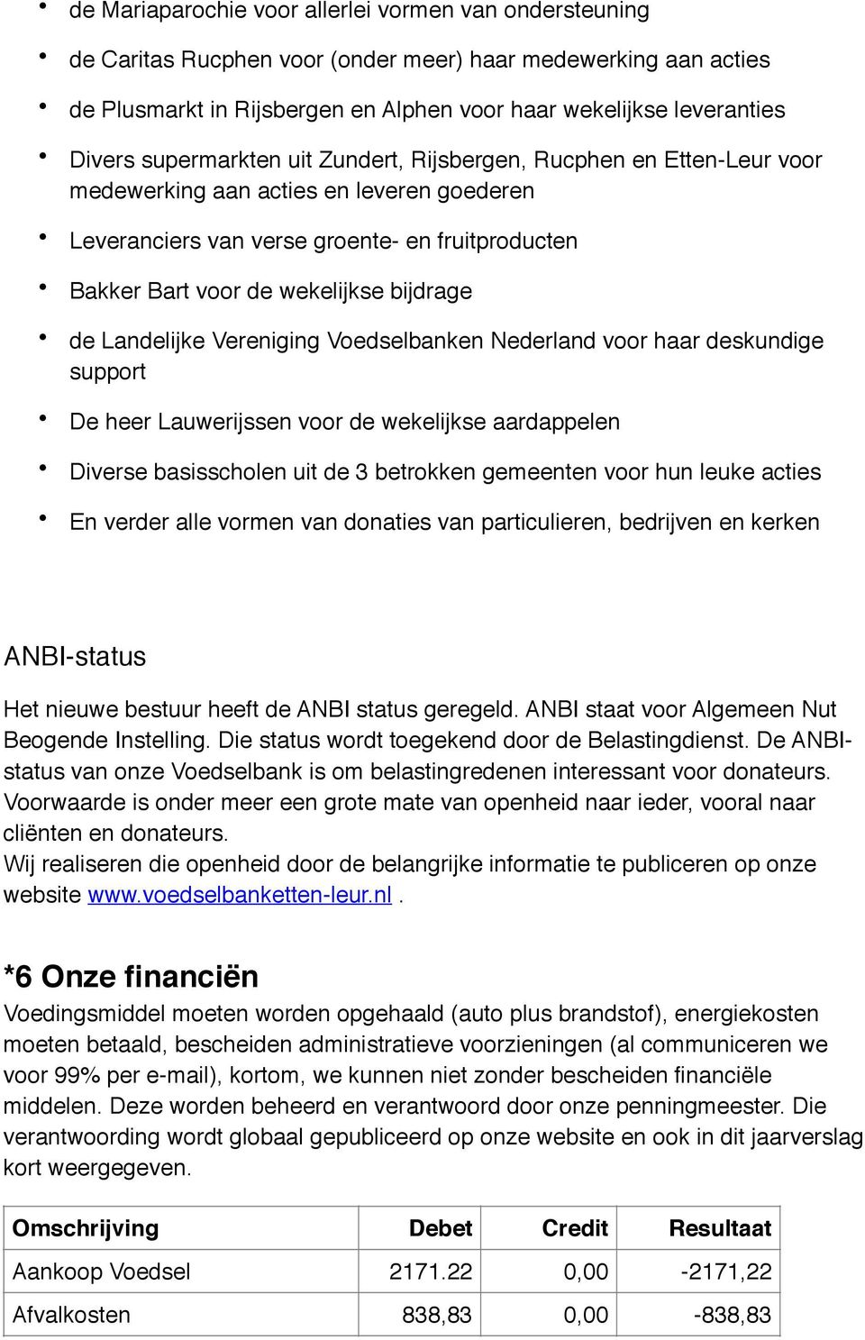 de Landelijke Vereniging Voedselbanken Nederland voor haar deskundige support De heer Lauwerijssen voor de wekelijkse aardappelen Diverse basisscholen uit de 3 betrokken gemeenten voor hun leuke