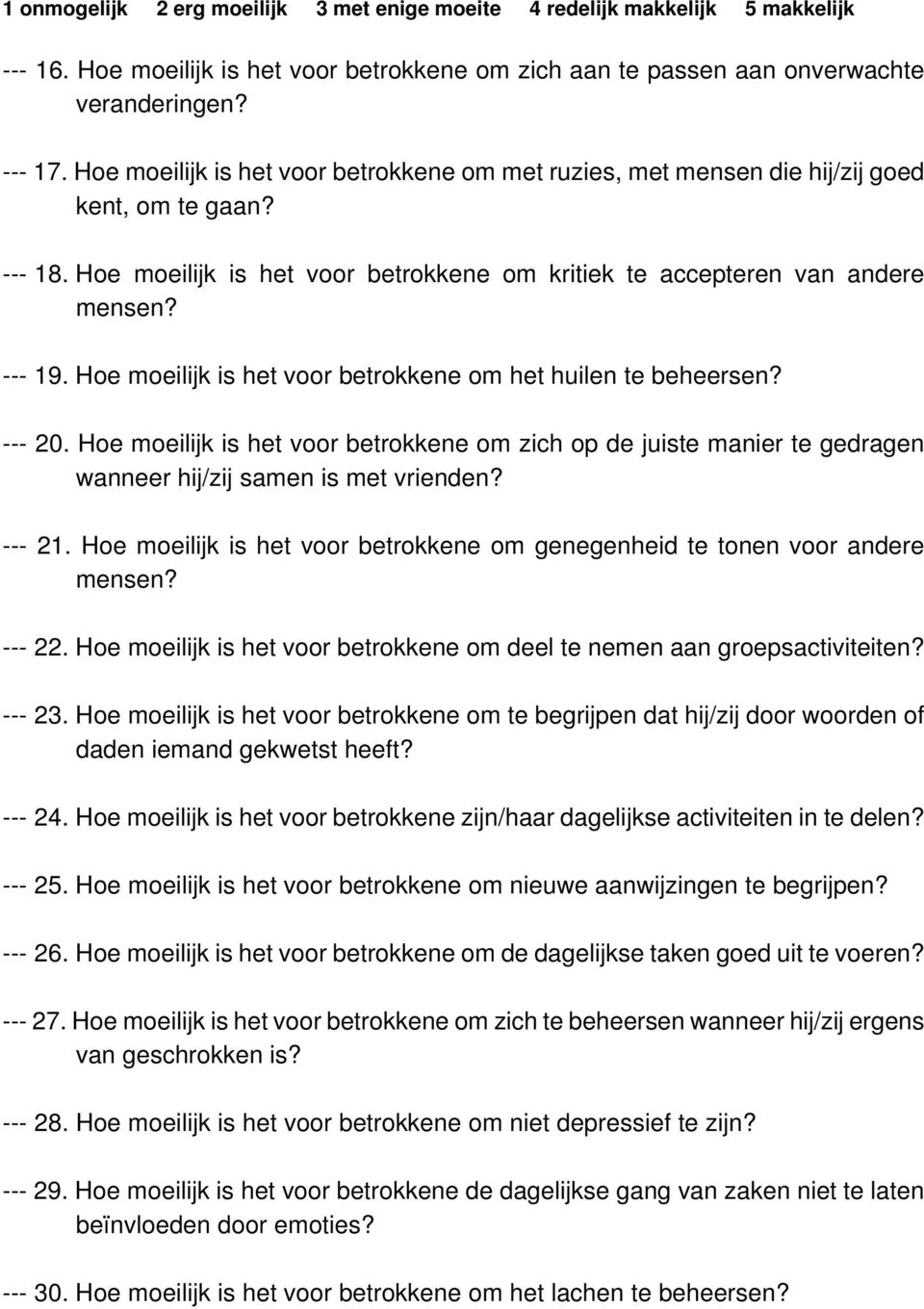 Hoe moeilijk is het voor betrokkene om het huilen te beheersen? --- 20. Hoe moeilijk is het voor betrokkene om zich op de juiste manier te gedragen wanneer hij/zij samen is met vrienden? --- 21.