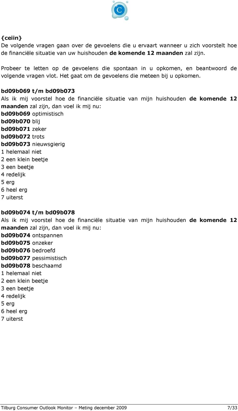 bd09b069 t/m bd09b073 Als ik mij voorstel hoe de financiële situatie van mijn huishouden de komende 12 maanden zal zijn, dan voel ik mij nu: bd09b069 optimistisch bd09b070 blij bd09b071 zeker