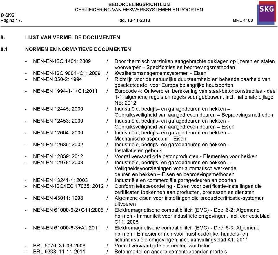 2009 / Kwaliteitsmanagementsystemen - Eisen - NEN-EN 350-2: 1994 / Richtlijn voor de natuurlijke duurzaamheid en behandelbaarheid van geselecteerde, voor Europa belangrijke houtsoorten - NEN-EN