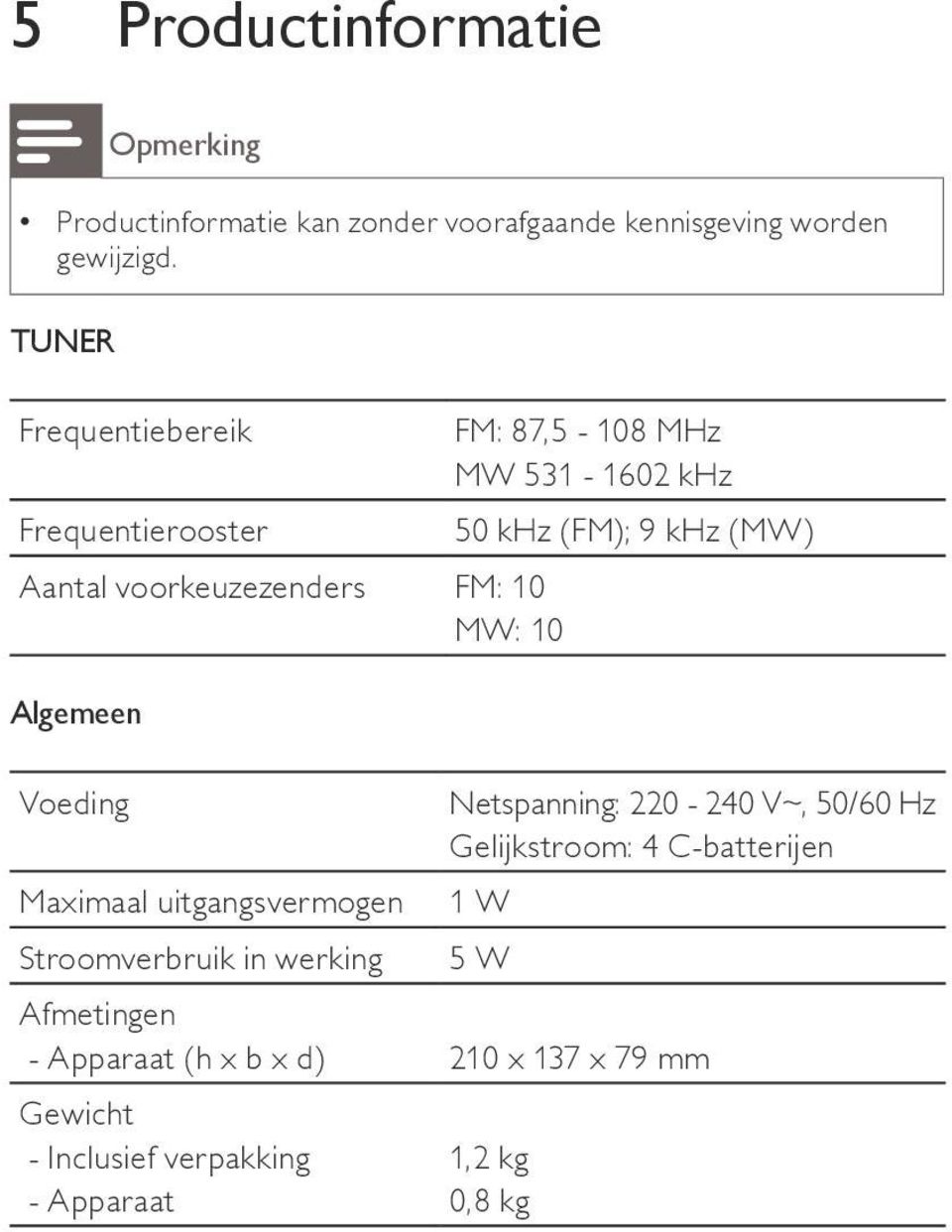 Stroomverbruik in werking FM: 87,5-108 MHz MW 531-1602 khz 50 khz (FM); 9 khz (MW) Netspanning: 220-240 V~, 50/60 Hz