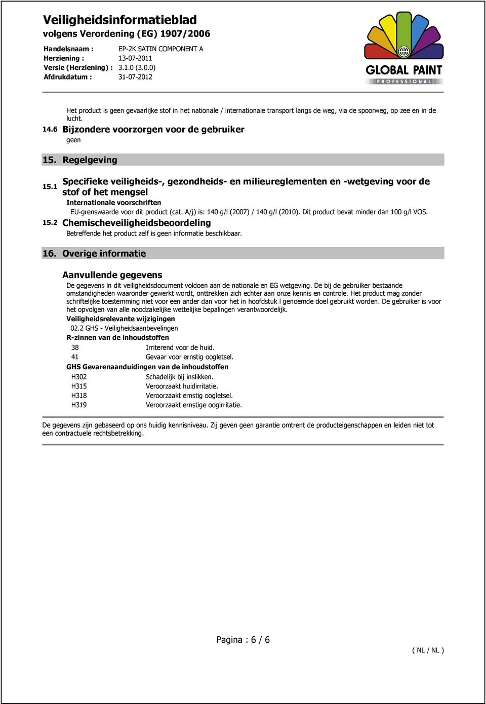 A/j) is: 140 g/l (2007) / 140 g/l (2010). Dit product bevat minder dan 100 g/l VOS. 15.2 Chemischeveiligheidsbeoordeling 16.