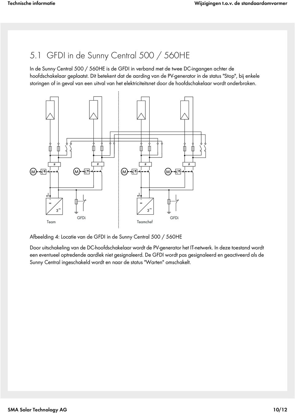 Dit betekent dat de aarding van de PV-generator in de status "Stop", bij enkele storingen of in geval van een uitval van het elektriciteitsnet door de hoofdschakelaar wordt onderbroken.