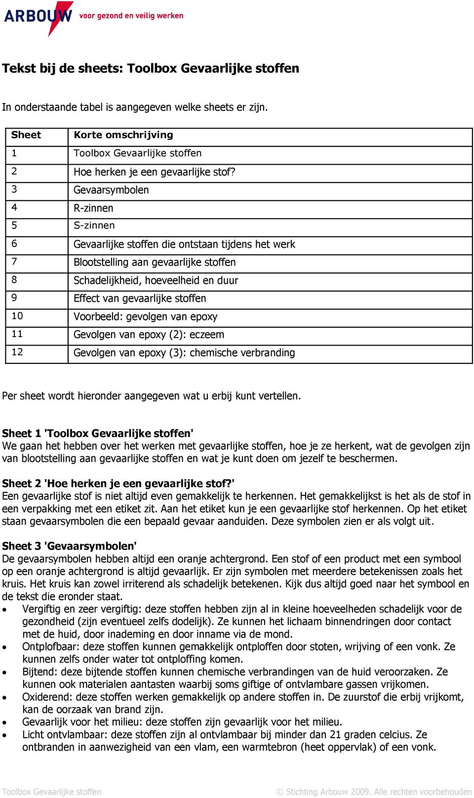 stoffen 10 Voorbeeld: gevolgen van epoxy 11 Gevolgen van epoxy (2): eczeem 12 Gevolgen van epoxy (3): chemische verbranding Per sheet wordt hieronder aangegeven wat u erbij kunt vertellen.