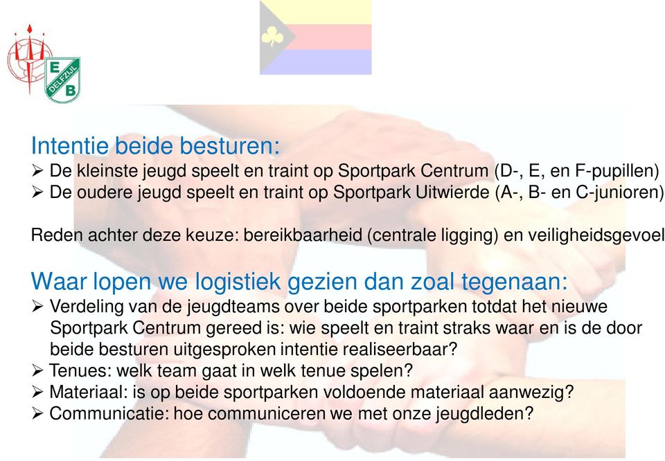 jeugdteams over beide sportparken totdat het nieuwe Sportpark Centrum gereed is: wie speelt en traint straks waar en is de door beide besturen uitgesproken intentie