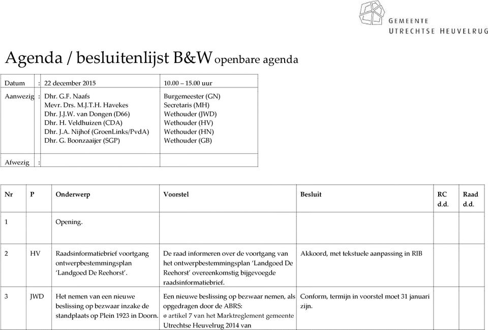 d. 1 Opening. 2 HV Raadsinformatiebrief voortgang ontwerpbestemmingsplan Landgoed De Reehorst. 3 JWD Het nemen van een nieuwe beslissing op bezwaar inzake de standplaats op Plein 1923 in Doorn.