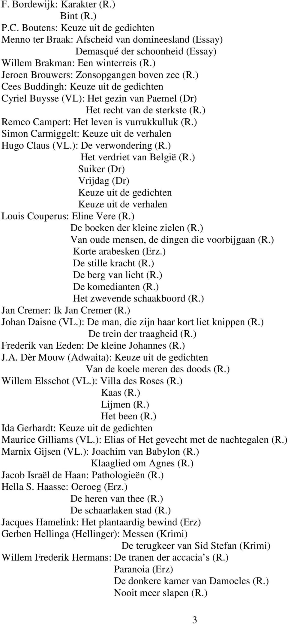 ) Simon Carmiggelt: Hugo Claus (VL.): De verwondering (R.) Het verdriet van België (R.) Suiker (Dr) Vrijdag (Dr) Louis Couperus: Eline Vere (R.) De boeken der kleine zielen (R.