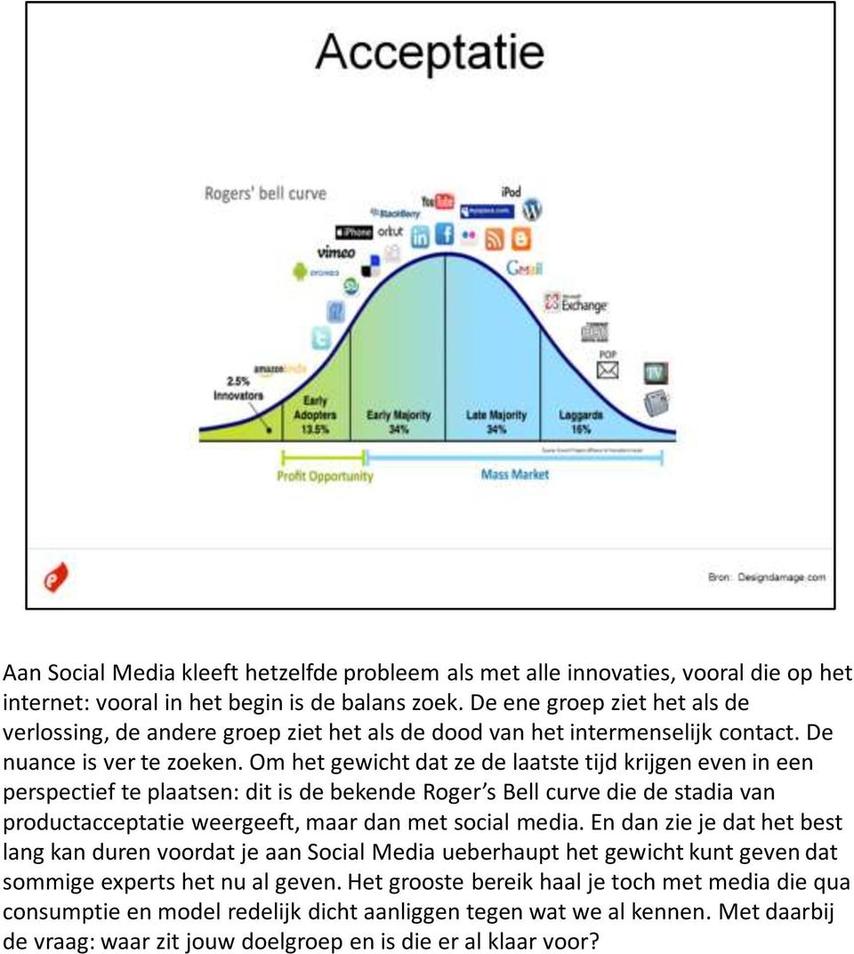 Om het gewicht dat ze de laatste tijd krijgen even in een perspectief te plaatsen: dit is de bekende Roger s Bell curve die de stadia van productacceptatie weergeeft, maar dan met social media.